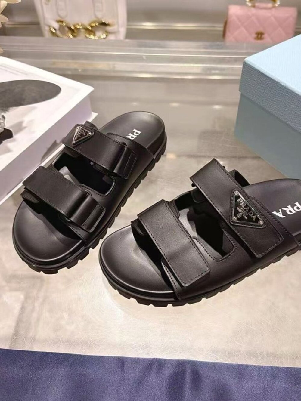 Prada Black Leather Dual Strap Platform Slide Sandals - Picture 3 of 8